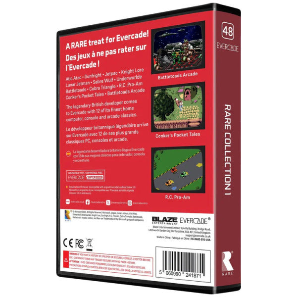 Back cover of a video game collection packaging with text and graphics on a red background