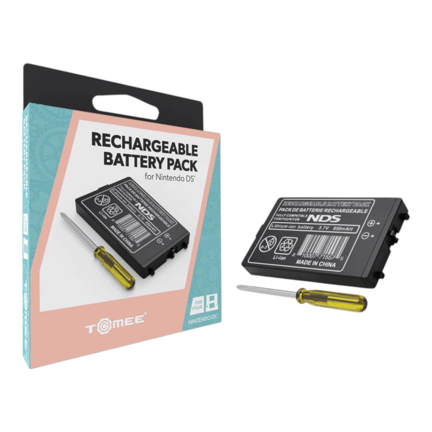 Rechargeable battery pack for Nintendo DS with packaging and screwdriver on a white background