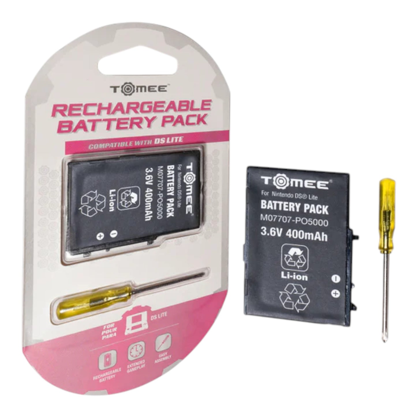 Tomee rechargeable battery pack with packaging and screwdriver on a white background