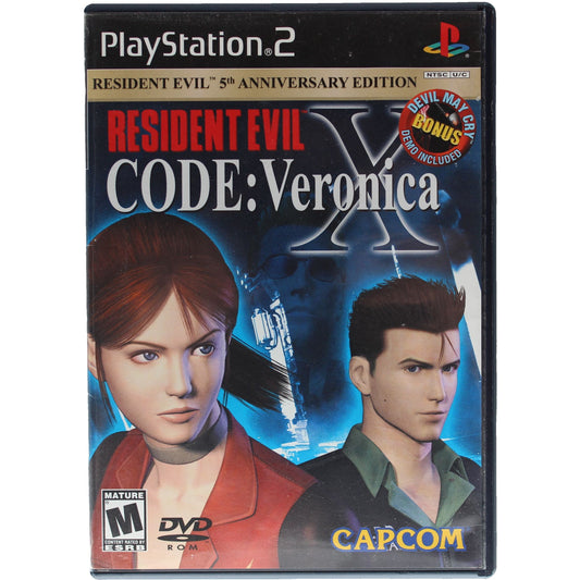 PlayStation 2 game case for 'Resident Evil Code: Veronica X' with characters and Capcom logo.