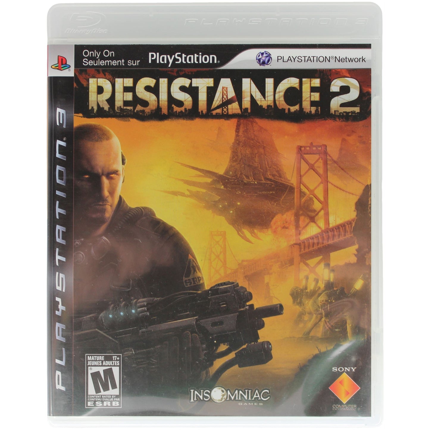 PlayStation game case for 'Resistance 2' with a soldier and futuristic elements on the cover.