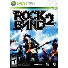 Game box for 'Rock Band 2' on Xbox 360 with band members and guitar on a white background