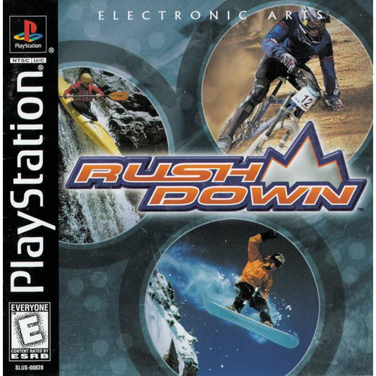 PlayStation game cover for 'Rush Down' featuring skiing, biking, and snowboarding.