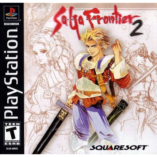 PlayStation game cover for 'Sagya Frontier II' with character illustration and Squaresoft logo.