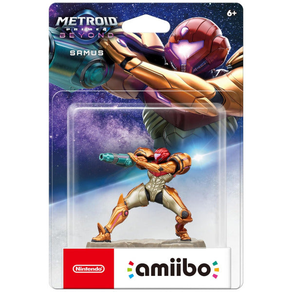 Nintendo amiibo packaging featuring Samus from Metroid Prime 4 Beyond with colorful design elements.