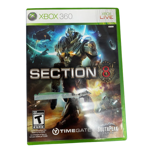 Xbox 360 game case for 'Section 8' with robot illustration on a white background