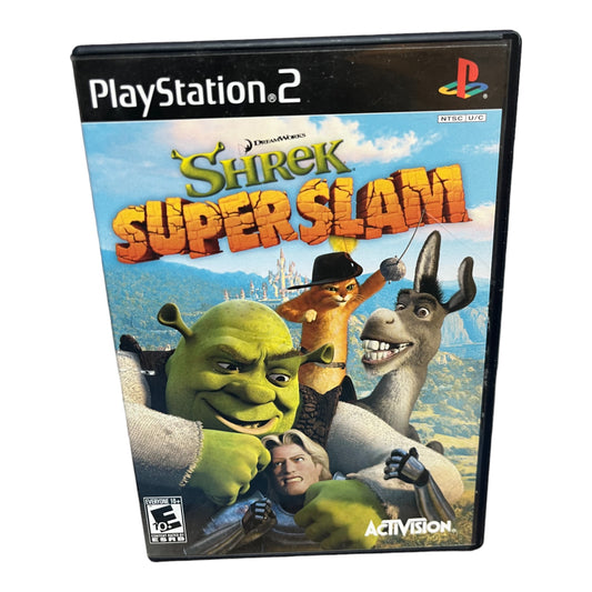 Shrek Super Slam game case for PlayStation 2 with Shrek and Donkey on a mountain background