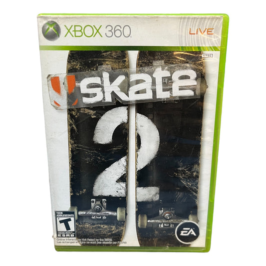 Xbox 360 game case for 'Skate 2' with branding and graphics.
