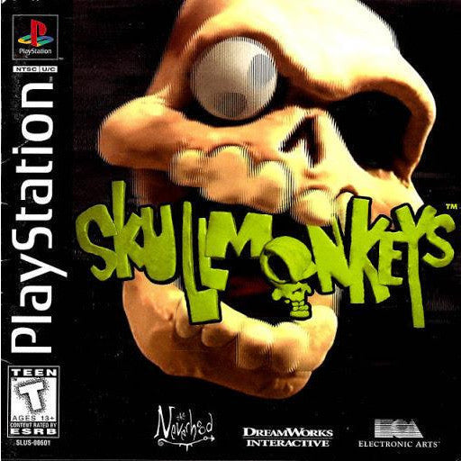 PlayStation game cover for 'Skullmonkeys' with a monkey-like creature and game branding.