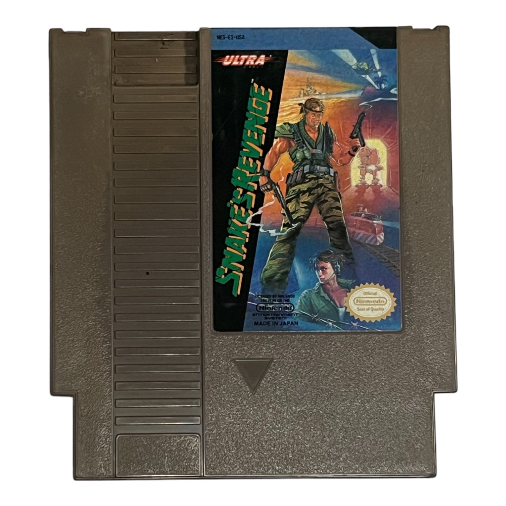 Vintage video game cartridge with 'Snakes Revenge' cover art on a white background