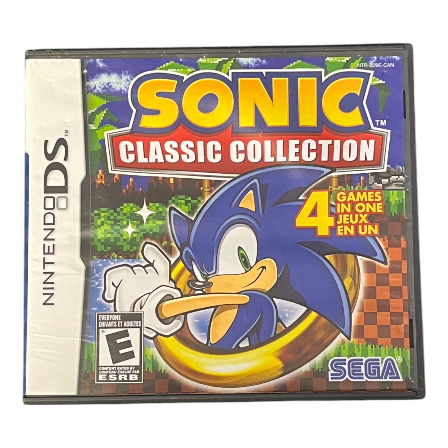A cover of Sonic Classic Collection for Nintendo DS, featuring an illustration of the character Sonic with a green and blue background, indicating four included games.