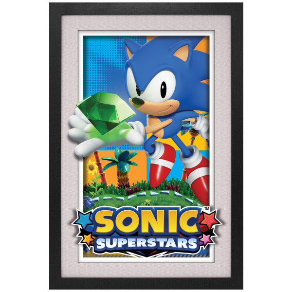 Framed poster of Sonic the Hedgehog from 'Sonic Superstars' with a colorful background.