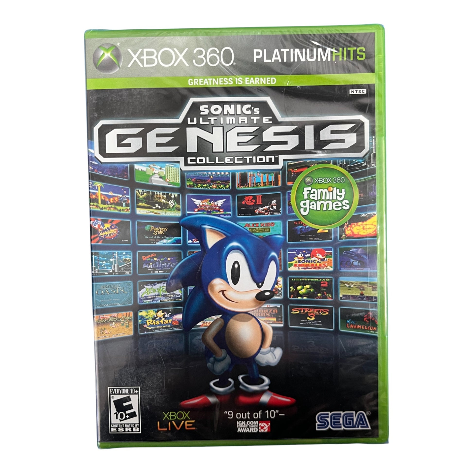 Xbox 360 game disc titled 'Sonic's Ultimate Genesis Collection' with Sonic the Hedgehog on the cover.