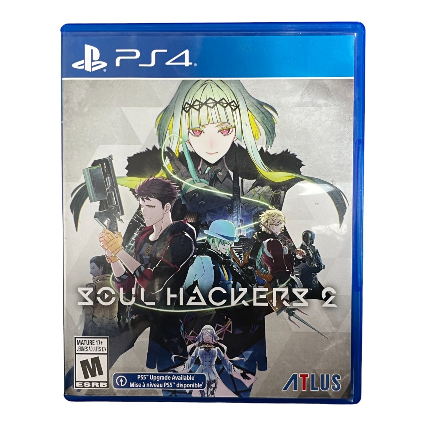 PlayStation 4 game case for 'Soul Hackers 2' with anime-style characters on a white background
