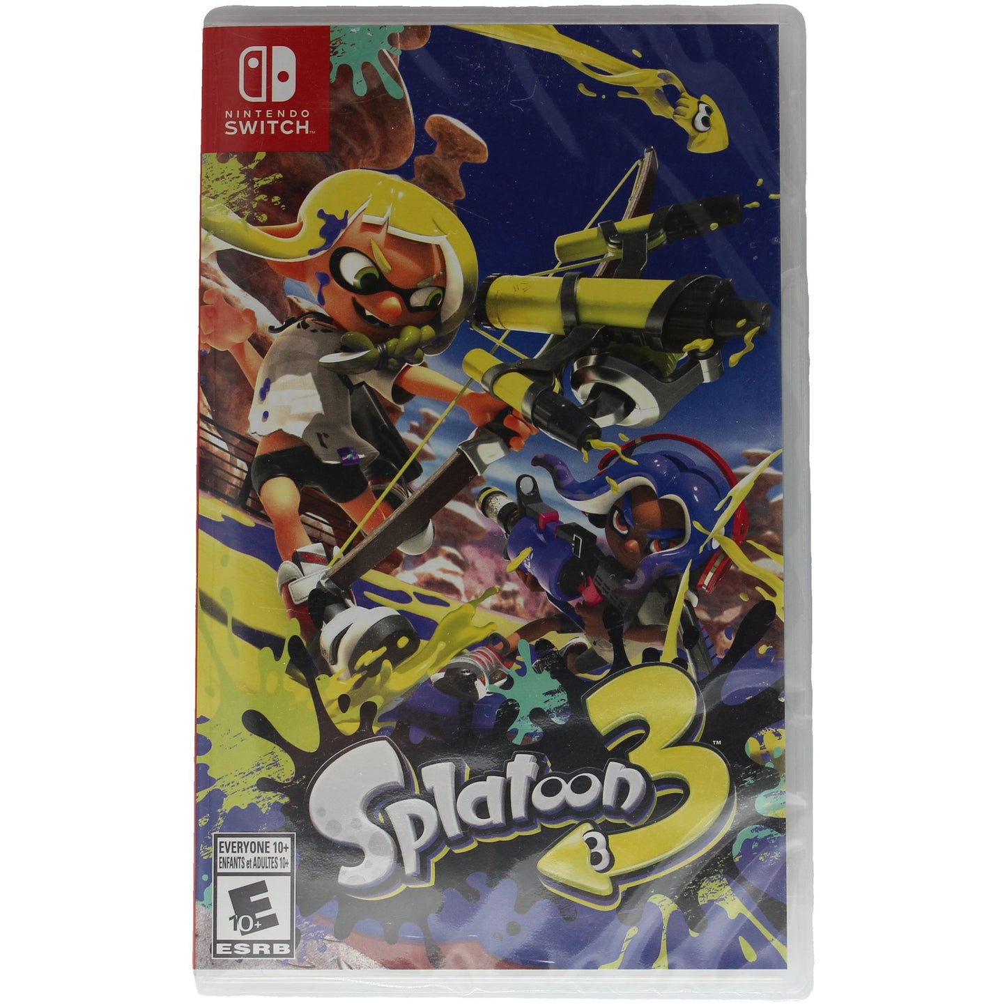 Video game case for 'Splatoon 3' on Nintendo Switch with colorful graphics and character illustration.