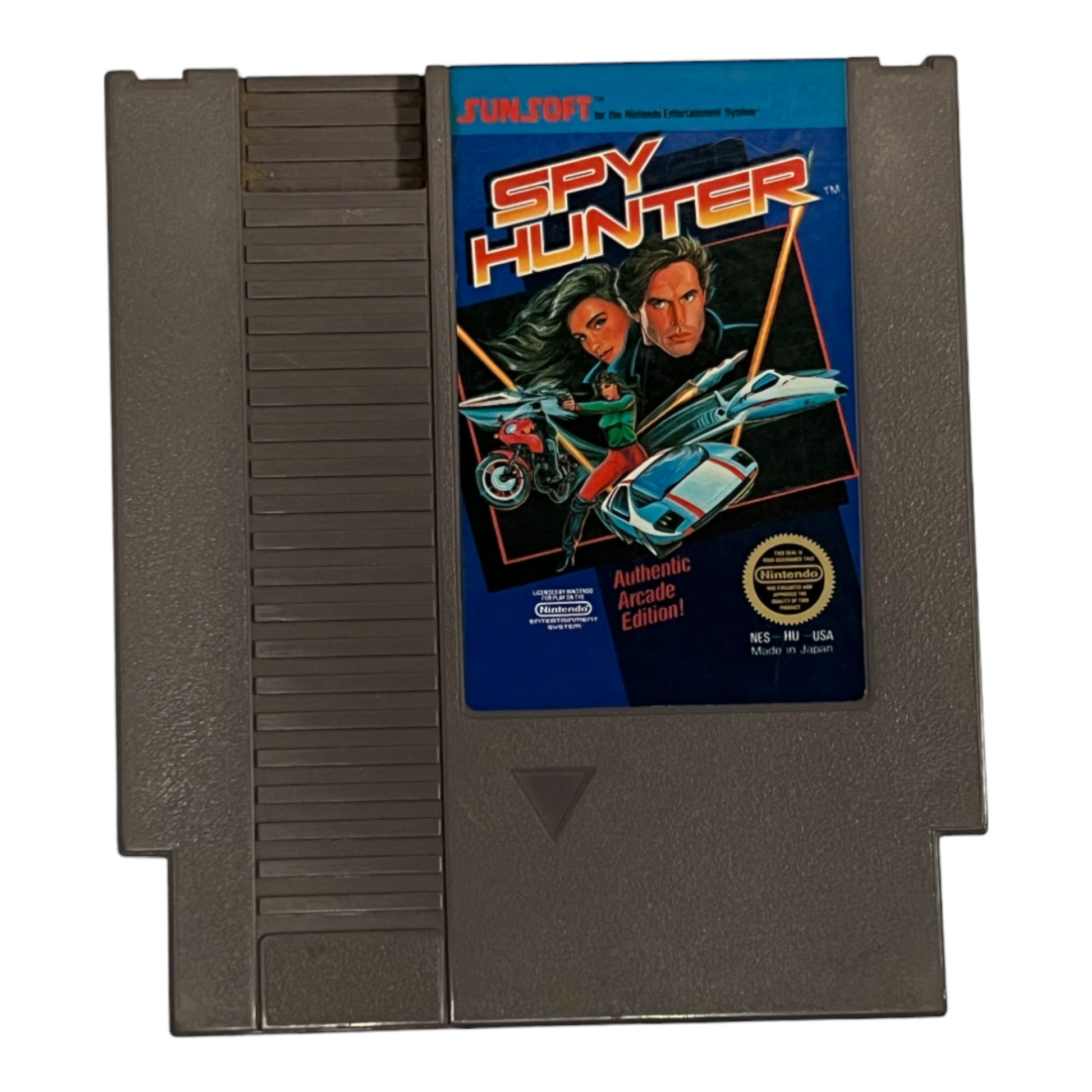 Spy Hunter game cartridge for a classic gaming console on a white background