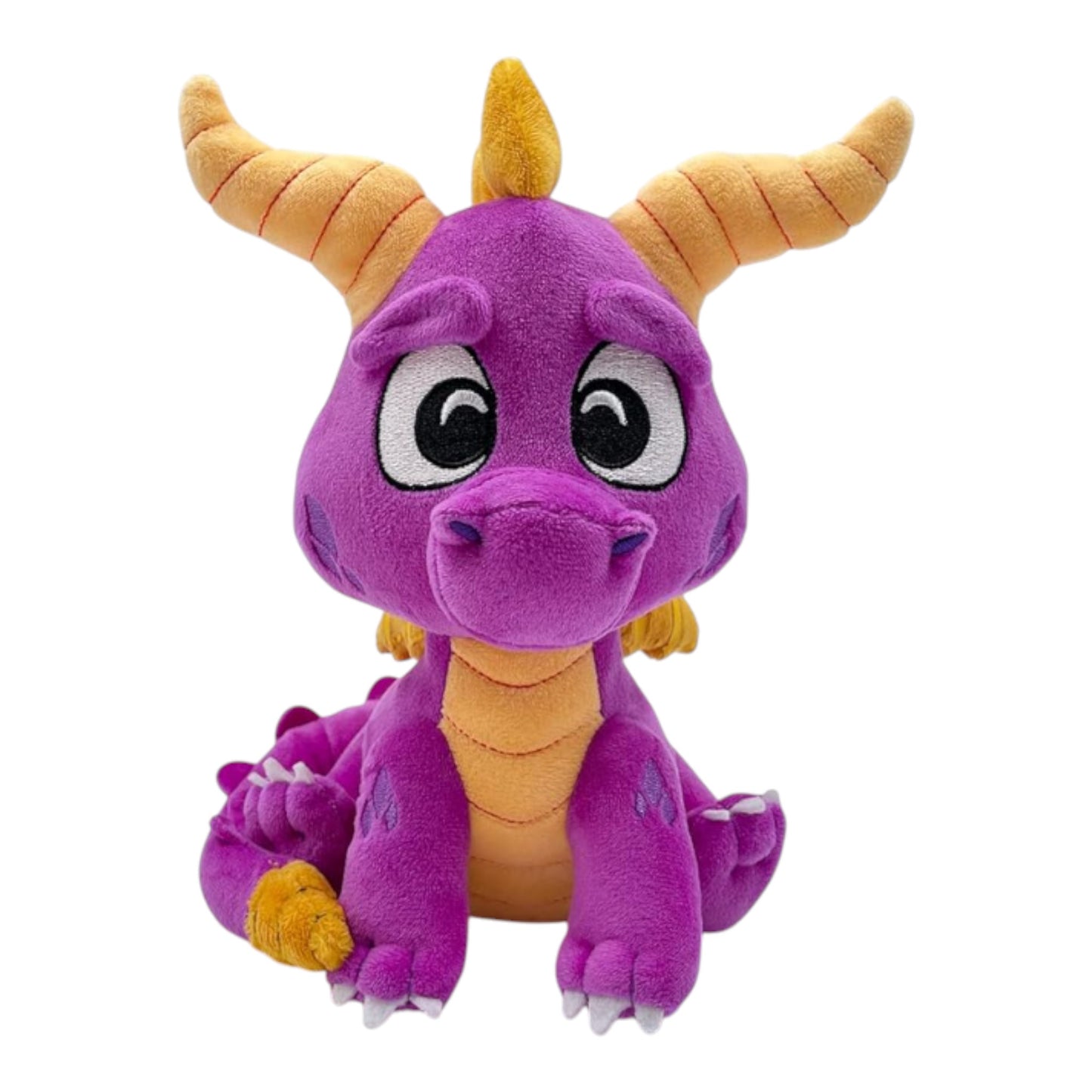 Purple plush dragon toy with yellow horns on a white background