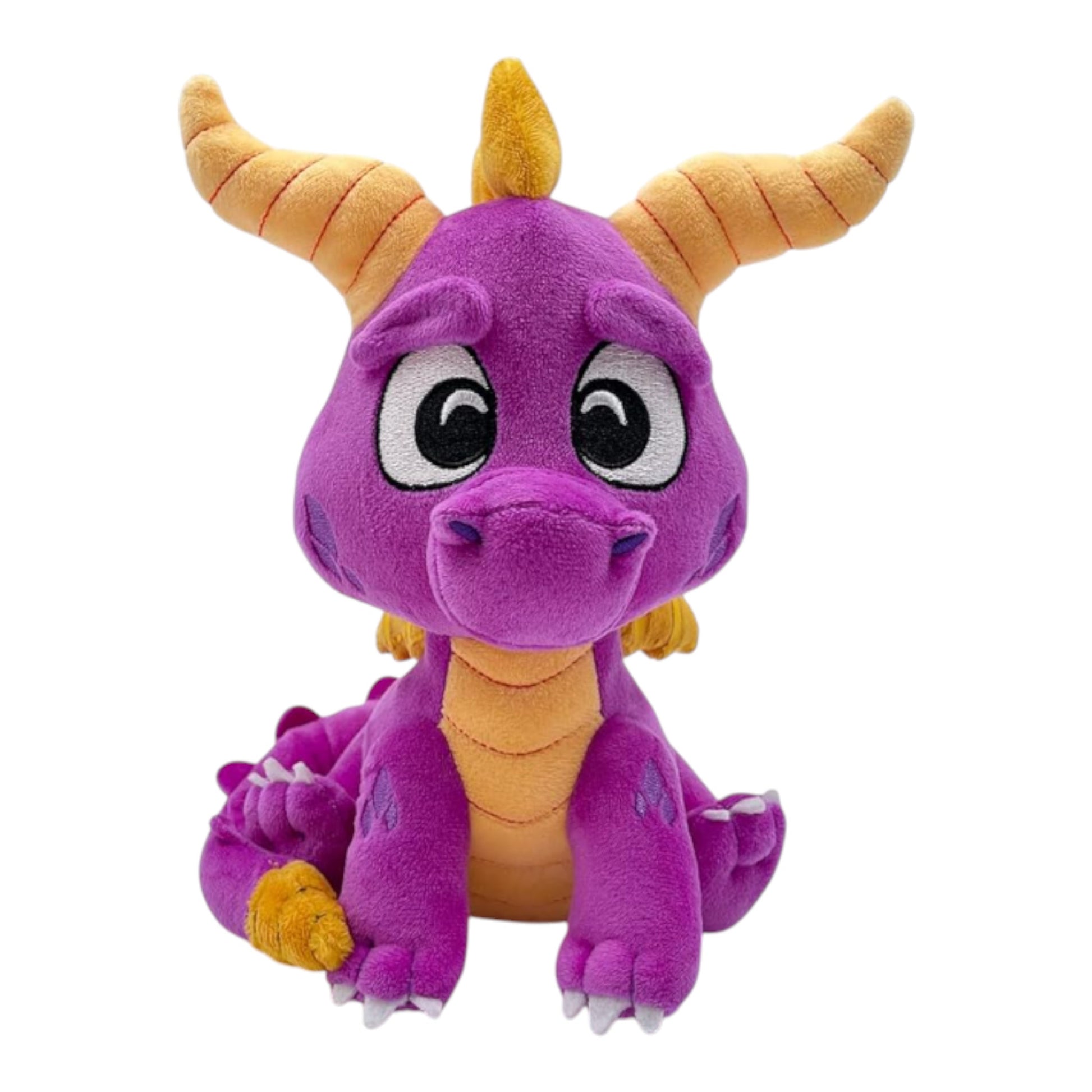 Purple plush dragon toy with yellow horns on a white background