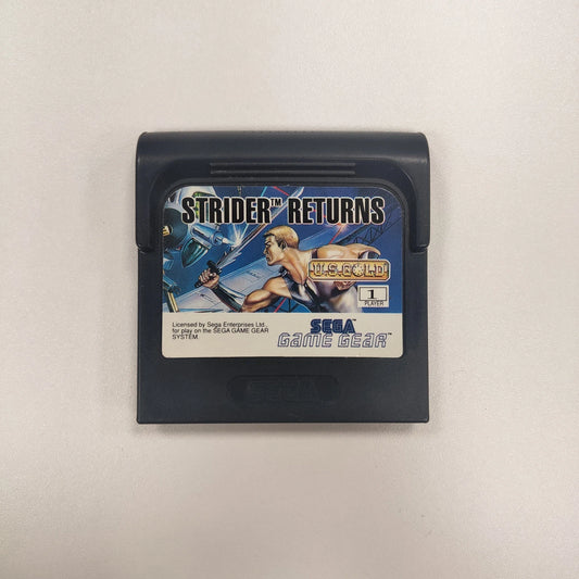 Sega Game Gear game cartridge titled 'Strider Returns' on a beige background