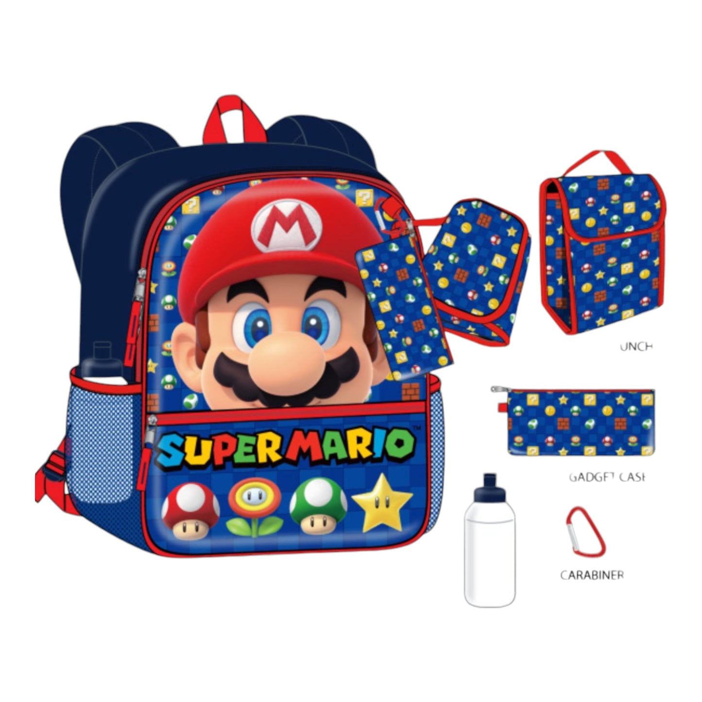 Super Mario Backpack (Blue) 5 Piece Set with Foldable Lunch Bag, Gadget Case, Carabiner and Water Bottle