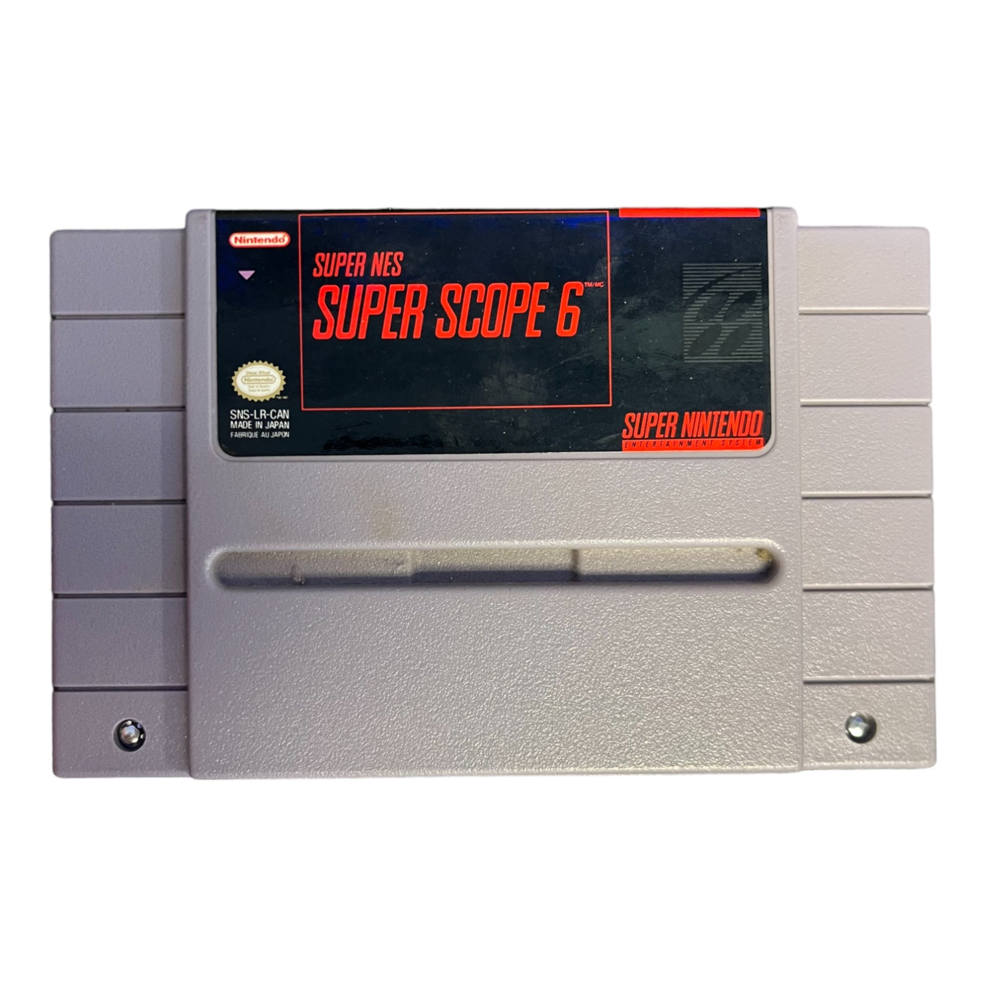 Super Nintendo Entertainment System (SNES) game cartridge with 'Super Scope 6' label on a white background