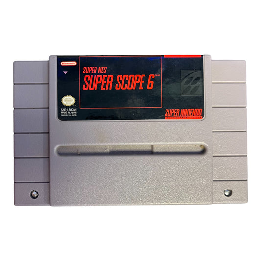 Super Nintendo Entertainment System (SNES) game cartridge with 'Super Scope 6' label on a white background