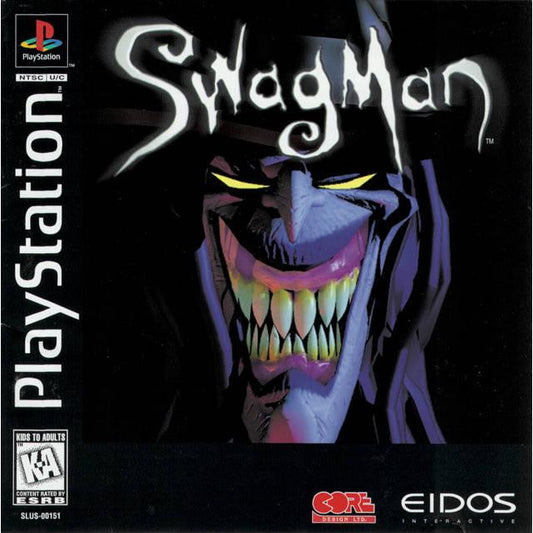 Game cover of 'SwagMan' for PlayStation with a dark background and colorful character design.