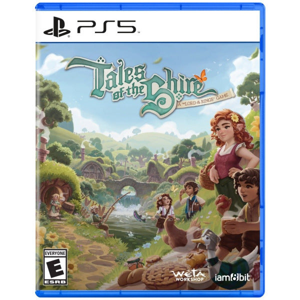 PlayStation 5 game case for 'Tales of the Shire' with a fantasy landscape and characters on the cover.