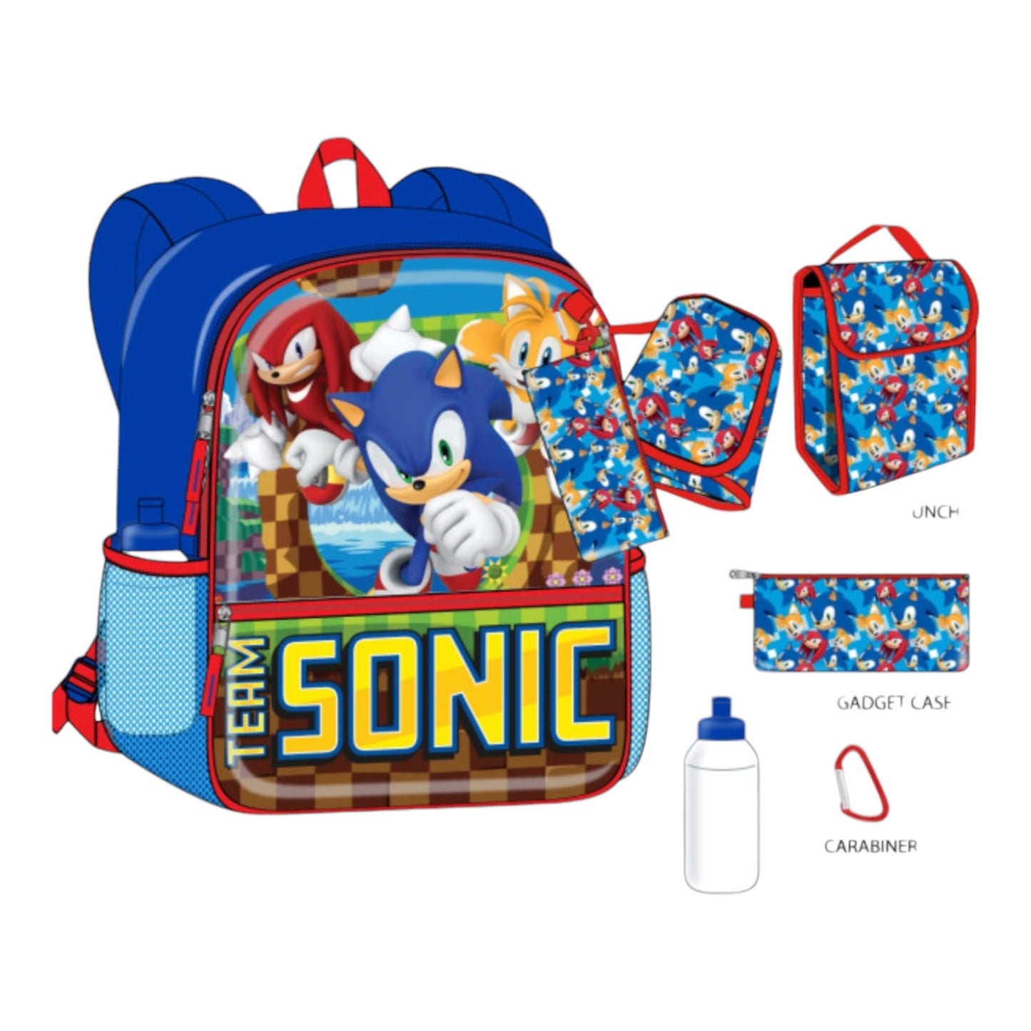 Team Sonic Blue 16″ Backpack/Lunch Bag/Pencil Case/Water Bottle/Carabiner Set