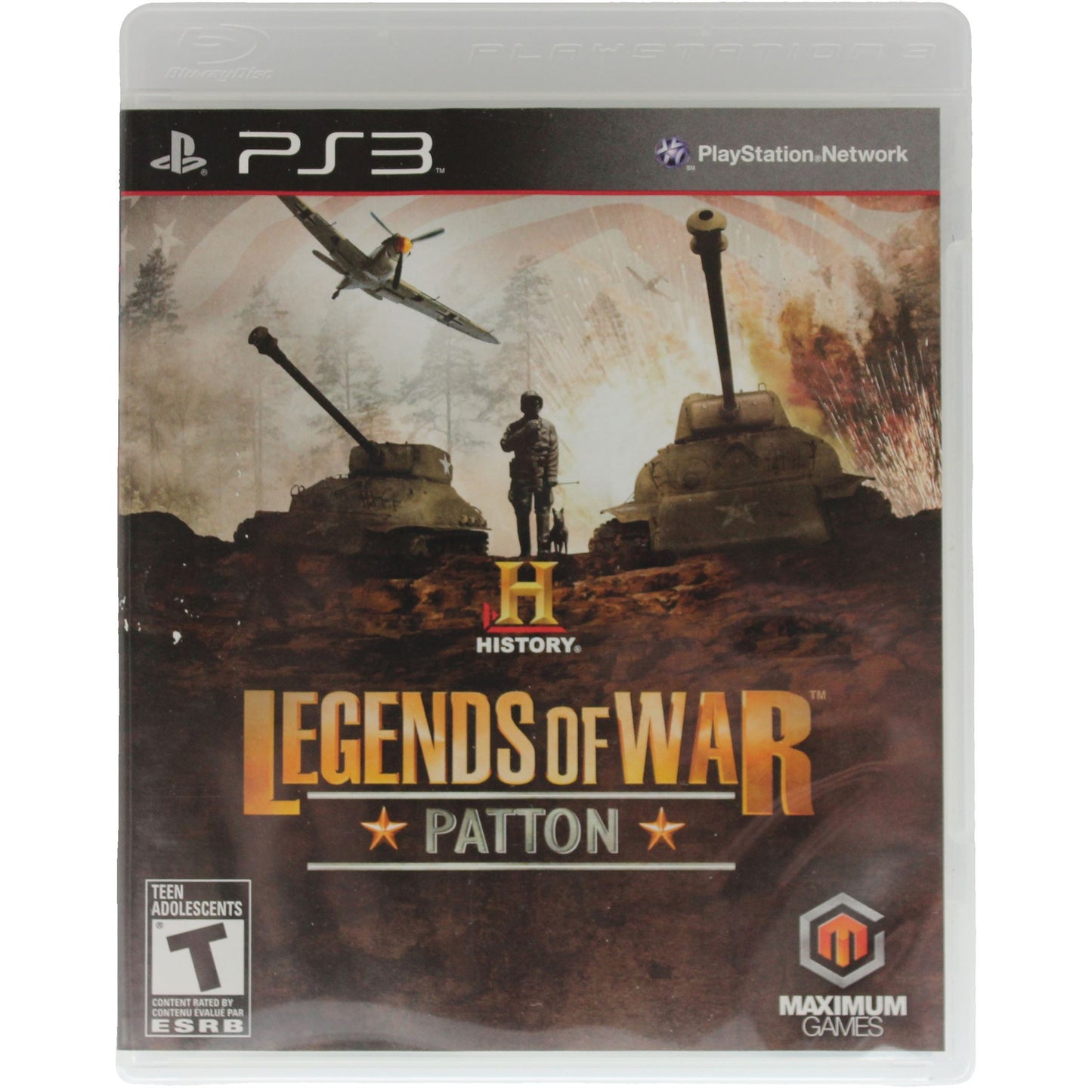 PlayStation 3 game case for 'Legends of War Patton' with military-themed artwork.