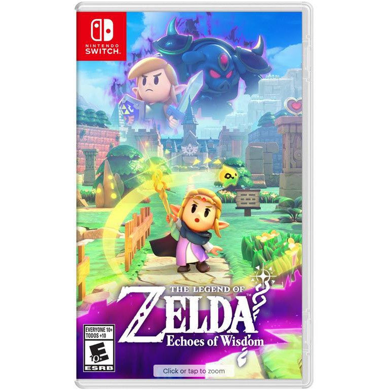 Game case for 'The Legend of Zelda: Echoes of Wisdom' on Nintendo Switch with colorful graphics and character images.