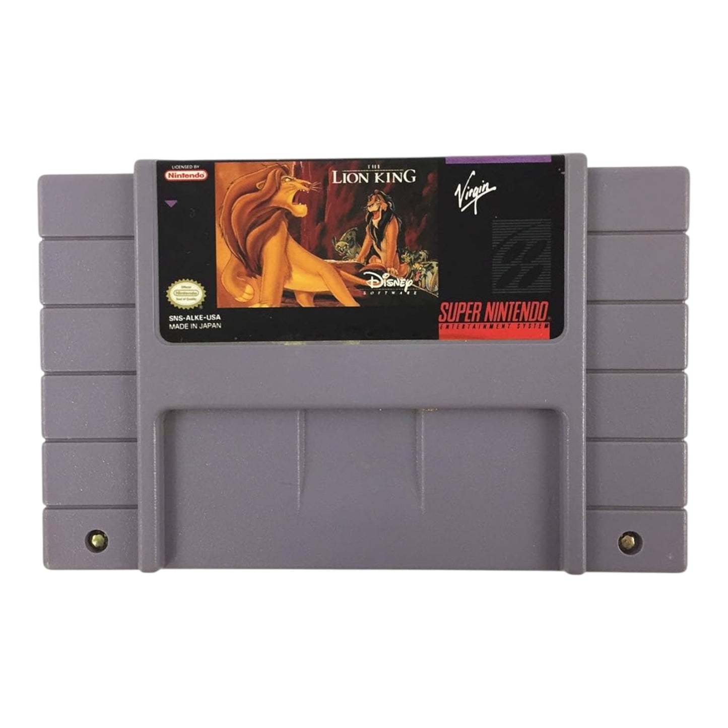 Super Nintendo Entertainment System game cartridge for 'The Lion King' with Virgin logo