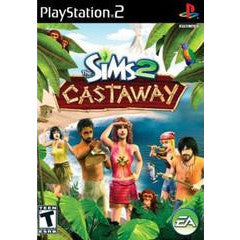 Game case for 'The Sims 2: Castaway' on PlayStation 2 with characters in a tropical setting.