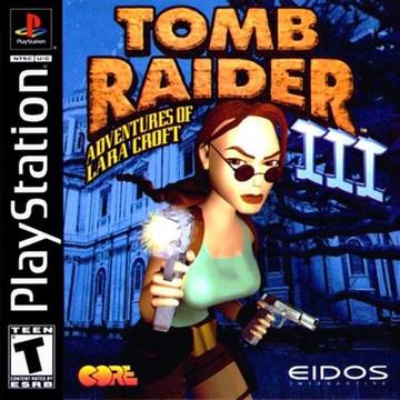 Game cover of 'Tomb Raider III' for PlayStation with Lara Croft holding a gun and a flashlight.
