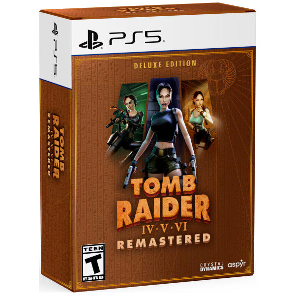 Tomb Raider IV-V-VI Remastered Deluxe Edition packaging for PS5 on a white background