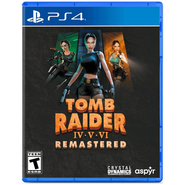PlayStation 4 game case for 'Tomb Raider IV-VI Remastered' with character images and branding.