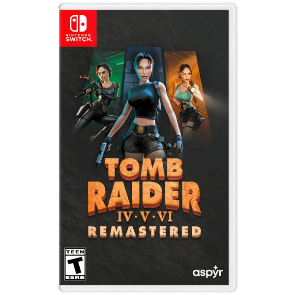 Tomb Raider IV-VI Remastered game case for Nintendo Switch with character illustrations on a dark background.