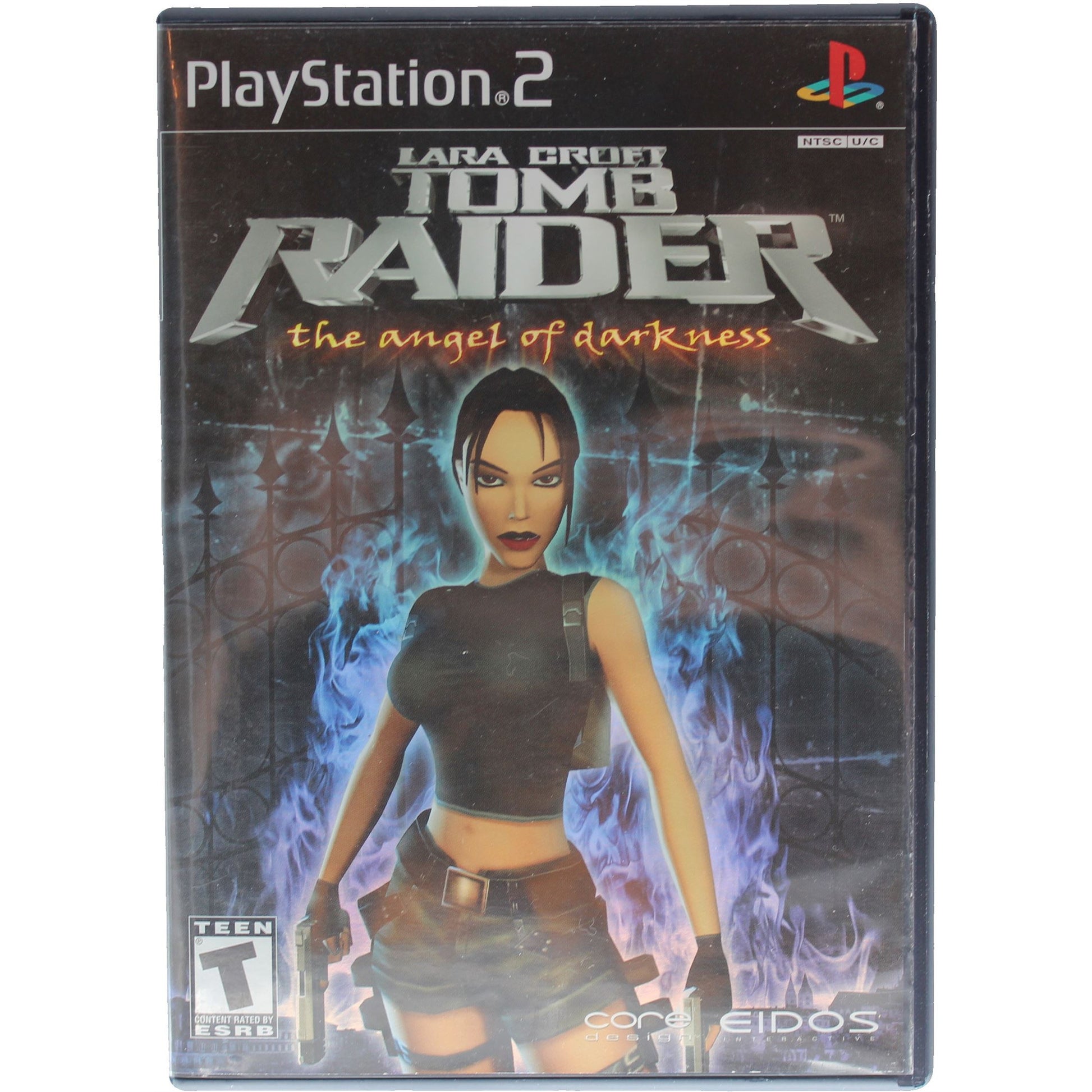 PlayStation 2 game case for 'Lara Croft Tomb Raider: The Angel of Darkness' with character illustration on a dark background.