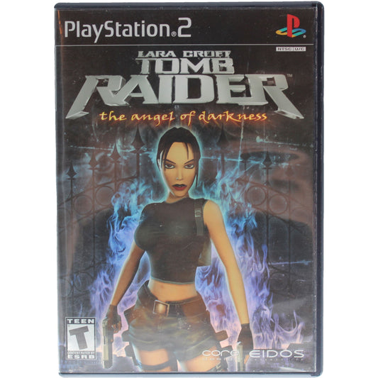 PlayStation 2 game case for 'Lara Croft Tomb Raider: The Angel of Darkness' with character illustration on a dark background.