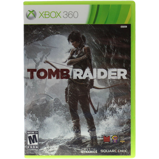 Xbox 360 'Tomb Raider' game cover with Lara Croft on a white background