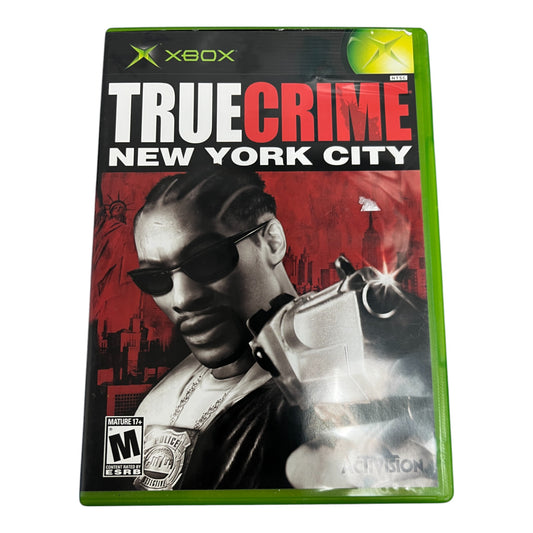 Xbox game case for 'True Crime: New York City' with a character holding a gun on the cover.