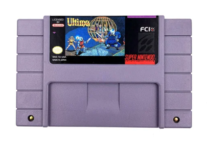 Super Nintendo Entertainment System game cartridge with a colorful display on a white background