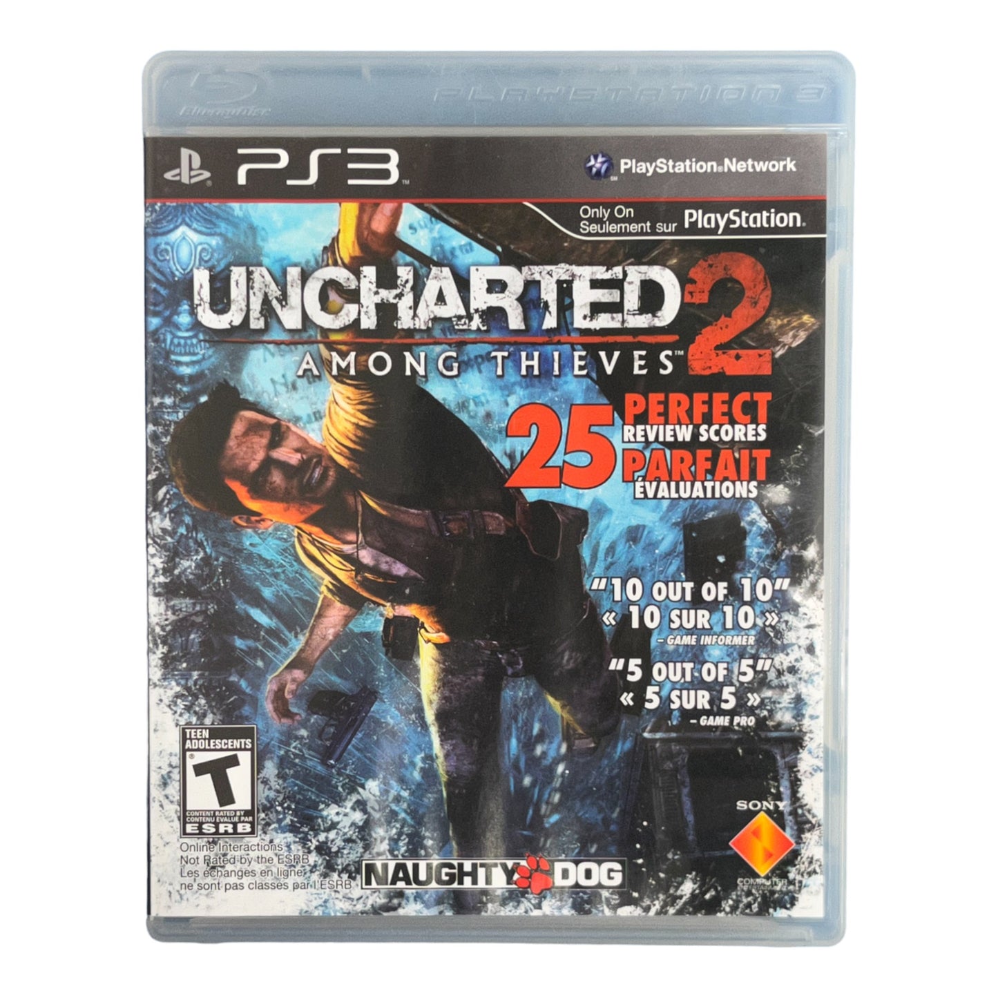 PlayStation 3 game case for 'Uncharted 2: Among Thieves' with character image and rating details.