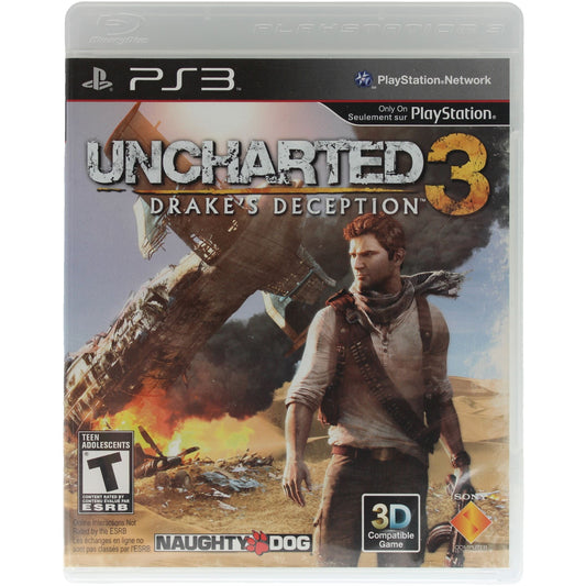 PlayStation 3 game case for 'Uncharted 3: Drake's Deception' with character and landscape on cover