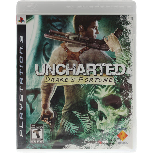 PlayStation 3 game case for 'Uncharted: Drake's Fortune' with a character holding a weapon and skull design.