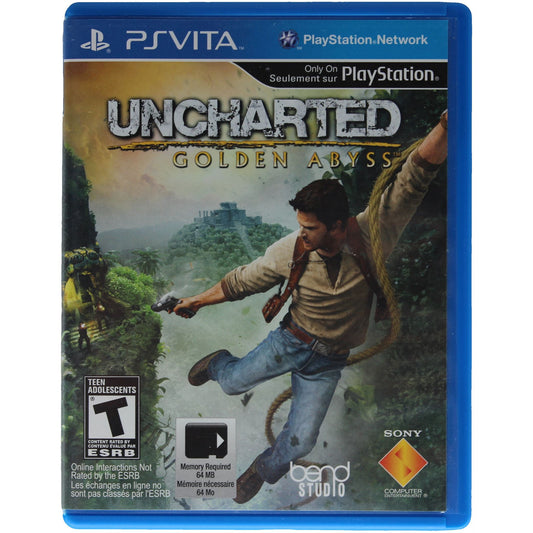 PlayStation Vita game case for 'Uncharted: Golden Abyss' with character illustration on a white background