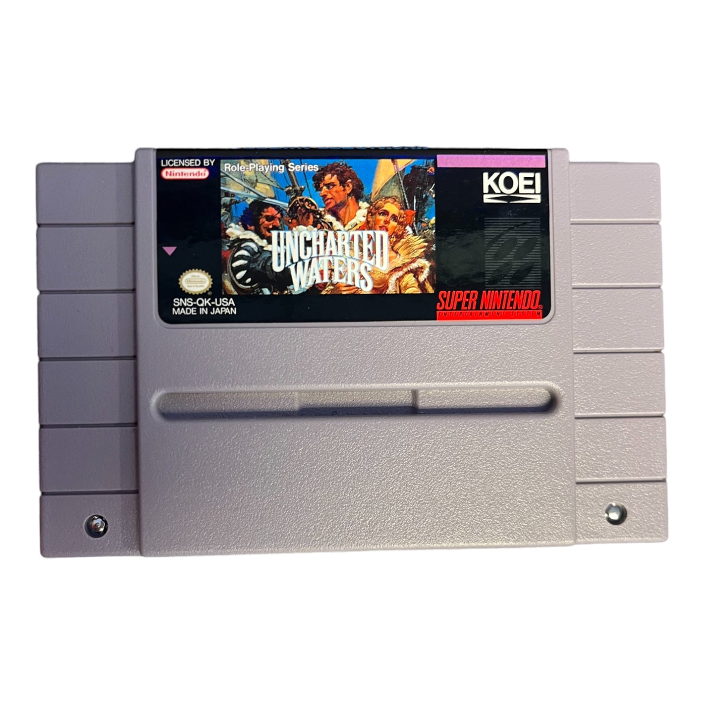 Super Nintendo game cartridge for 'Uncharted Waters' on a white background