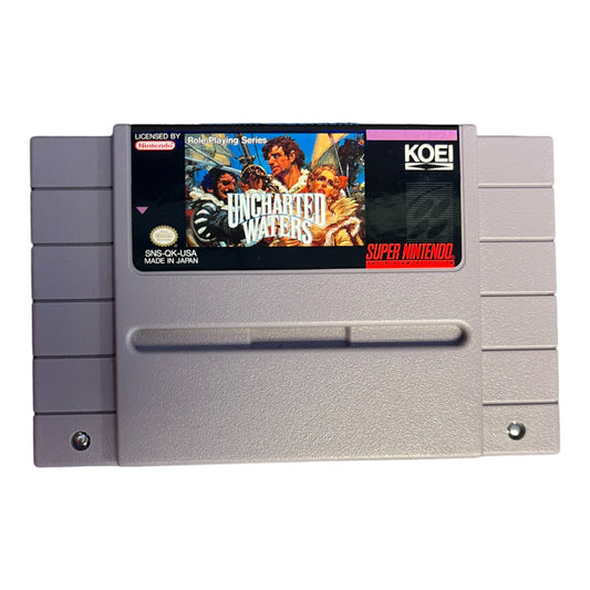 Super Nintendo game cartridge for 'Uncharted Waters' on a white background
