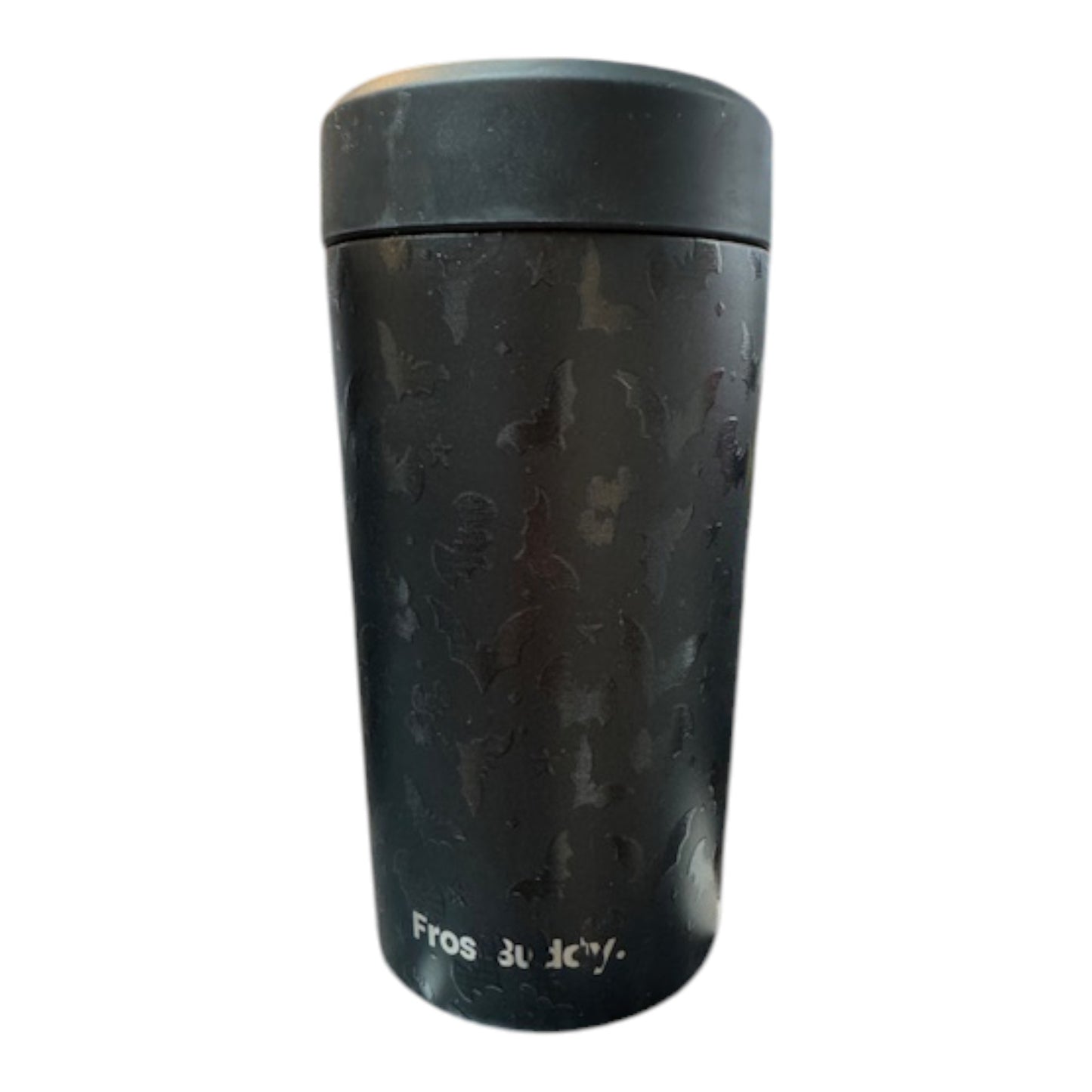 Black textured tumbler with a gray lid on a white background