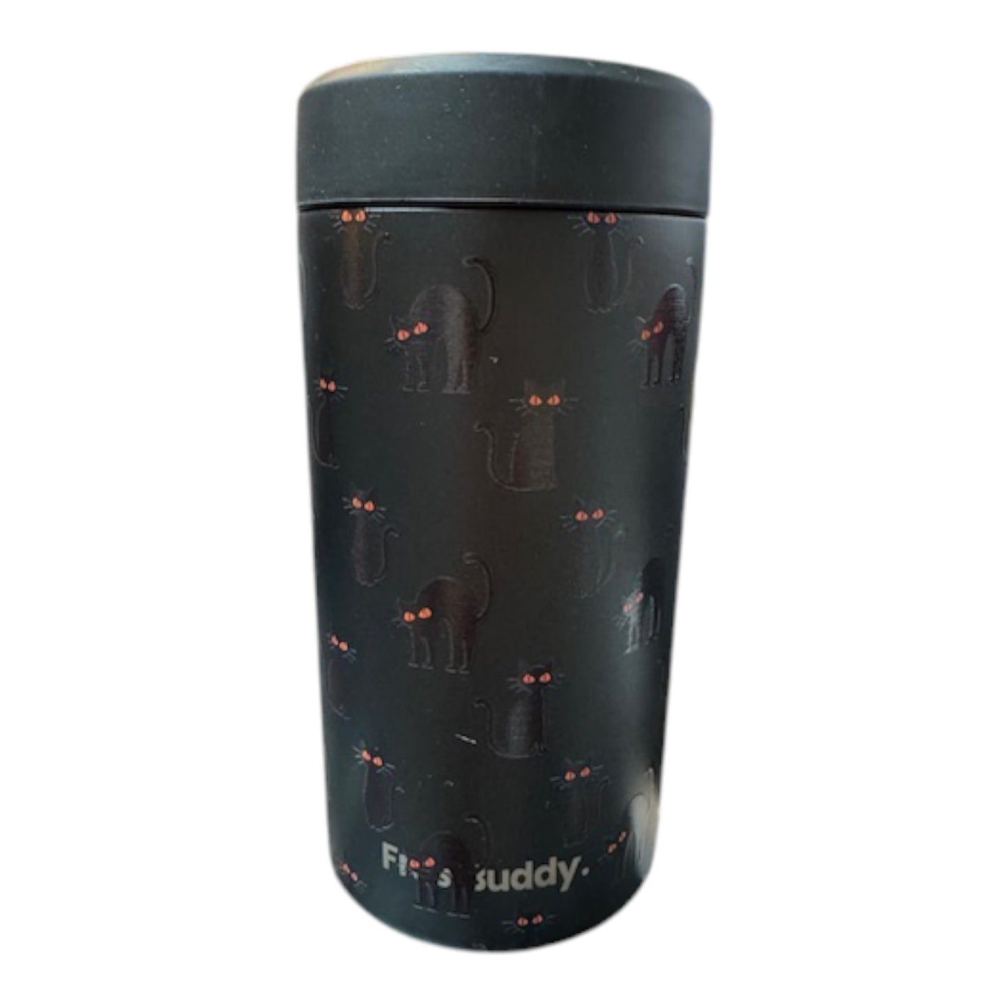 Black tumbler with cat pattern and 'Fifi suddy' branding on a white background